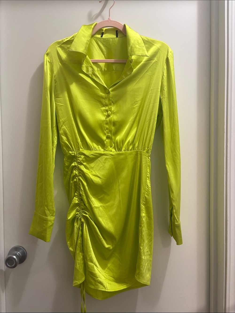 Cider Neon Lime Satin Long-Sleeve Shirt Dress with Side Ruching